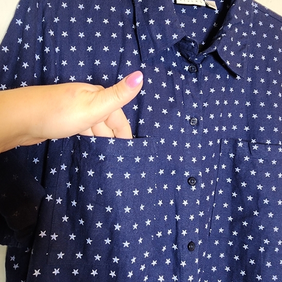 Joan Rivers Linen Star Print Blue White Short Sleee Button Shirt Women's Size L - Picture 13 of 16